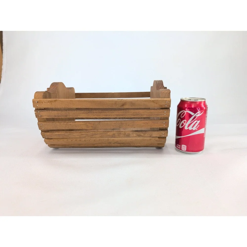 Vintage Wooden Slat Basket Brown Handcrafted Bow Detail